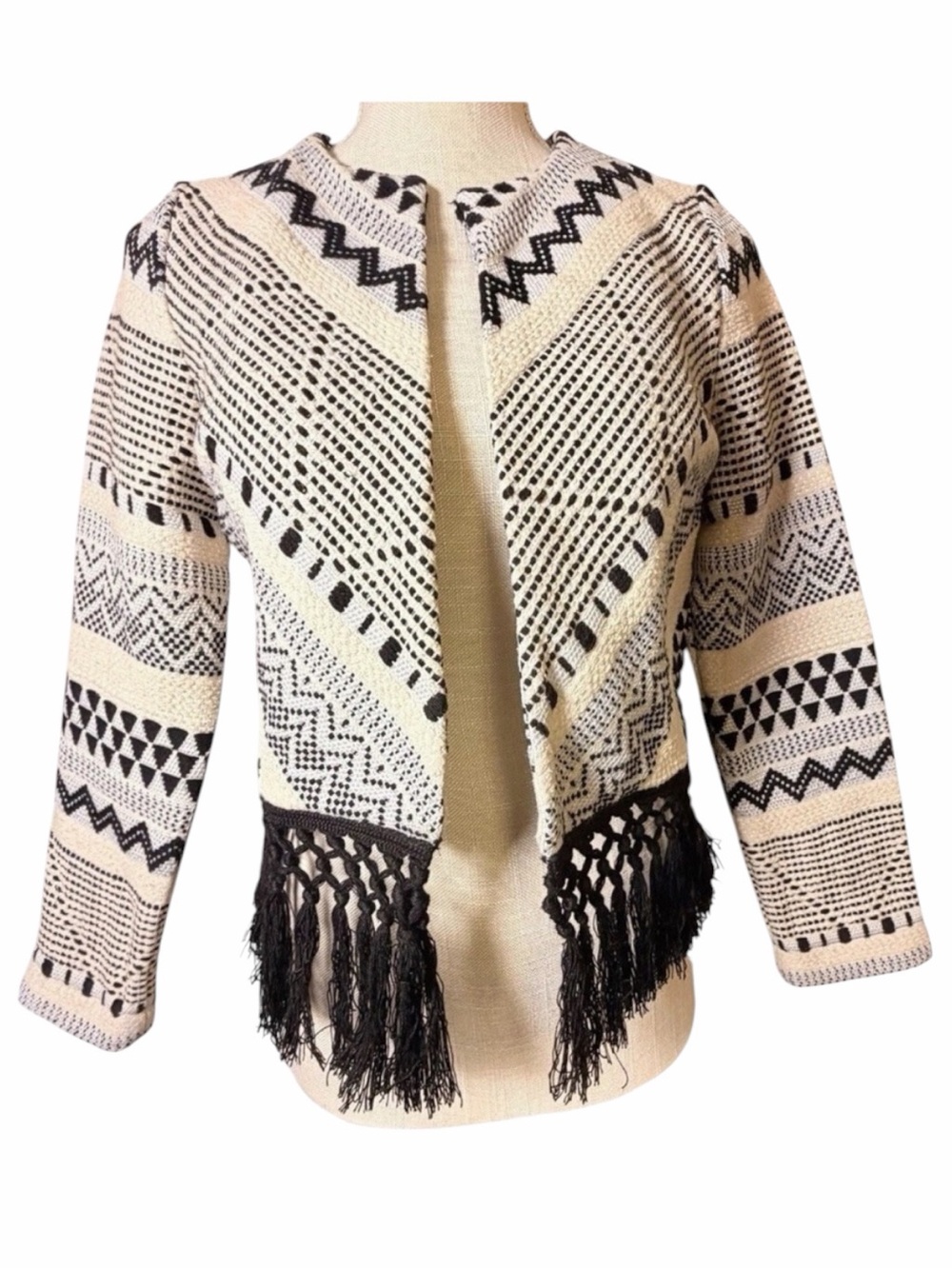 Abercrombie & Fitch Geometric Fringe Knit Jacket Cream Black Women S